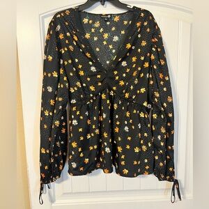 Boohoo Black Floral Blouse with Orange and White Accents
